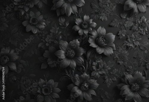 Intricate black charcoal floral wallpaper, textured, elegant design , damask, tapestry
