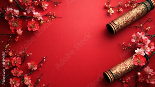 Festive Chinese New Year background with blossoms and scrolls