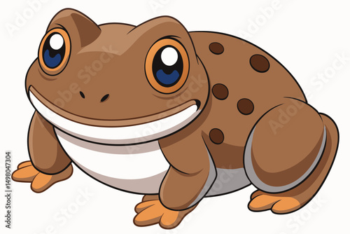 Cartoonish Brown Spotted Frog with Blue Eyes, Orange Feet, and Smiling Mouth