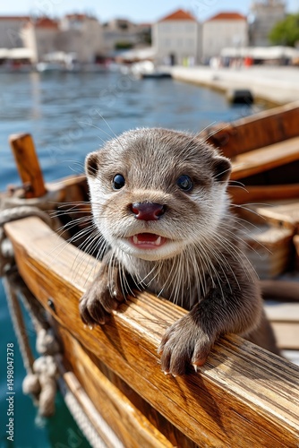 Cute otter pup on wooden boat by waterfront in sunny harbor town scene