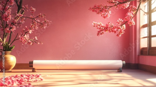 Pink cherry blossom room, blank scroll, sunlight, zen