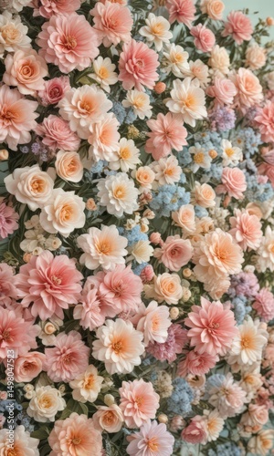 Elegant artificial flower wall, pastel hues, vintage style, assorted blooms ,  soft,  shabby chic