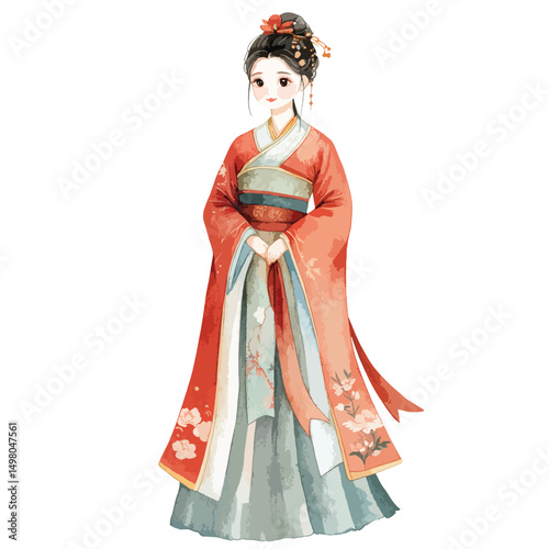 Delicate Asian Woman in Traditional Attire Detailed Watercolor Portrait