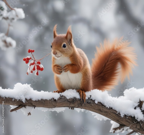 Tiny red squirrel, snow-covered branch, winter day, closeup, wildlife