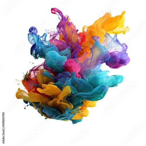 Abstract image of vibrant, swirling color in shades of blue, teal, purple, pink, red, and yellow, resembling an explosion or cloud of dye in water