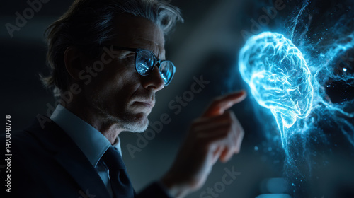 Man in suit interacts with glowing holographic brain display in futuristic setting illuminated by blue light