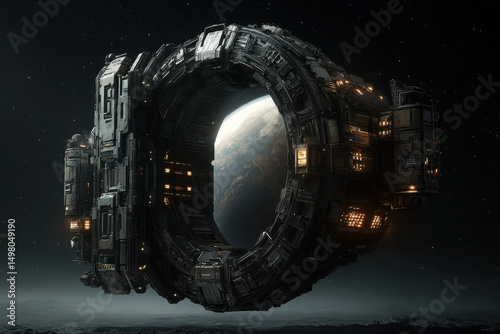 Futuristic space station orbiting planet with advanced technology in deep space