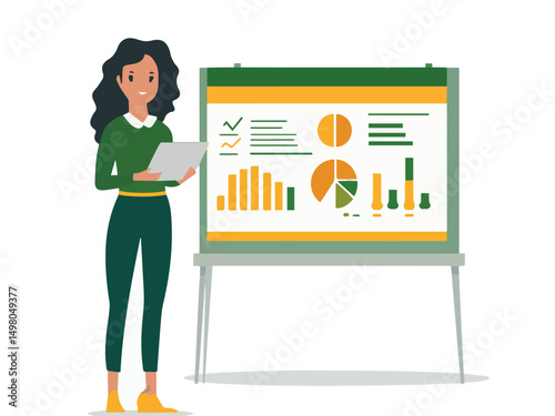 a girl with a sheet of paper in her hands stands near the presentation board
