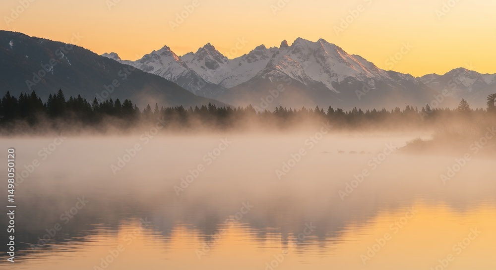 Mountain Range and Foggy Lake at Sunset Mountain Range and Foggy Lake at Sunset