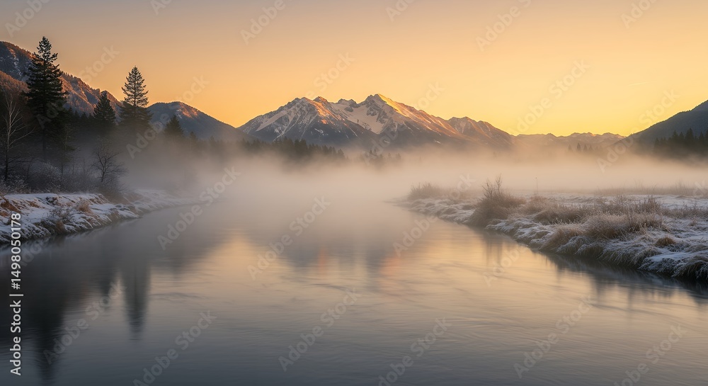 Fototapeta premium Mountain River Foggy Landscape