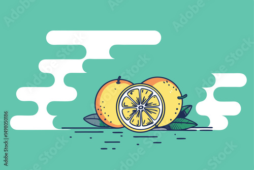 Vibrant illustration of oranges with leaves and a slice on a modern turquoise background