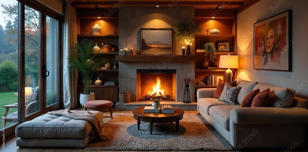 Naklejka premium Cozy living room interior with a fireplace, plush sofa, and warm lighting, creating a relaxing and inviting atmosphere perfect for family time or quiet evenings , carpet, background, house