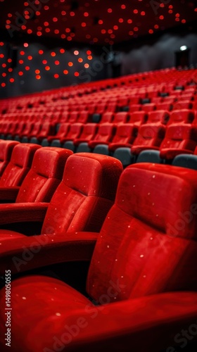 Empty red cinema seats, modern auditorium, illuminated ceiling, movie theatre