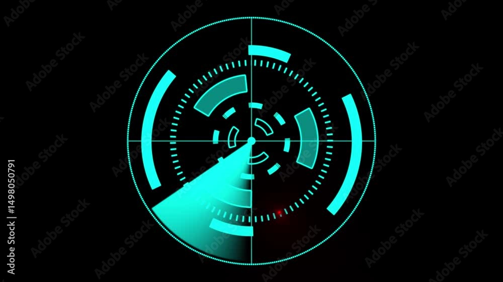 Futuristic radar HUD interface with glowing blue circular elements and red target blip, sci-fi scanning screen UI with rotating sonar pulse, high-tech tracking system on black background