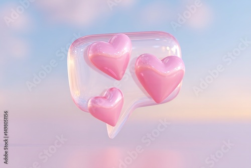 Social media love reaction with glossy pink hearts in translucent speech bubble on soft pastel background