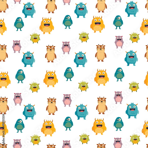 Seamless pattern Bright and cute cartoon characters funny monsters