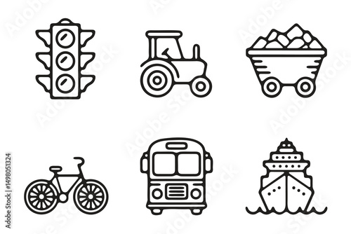 Simple Line Art Icons of Transportation and Industry