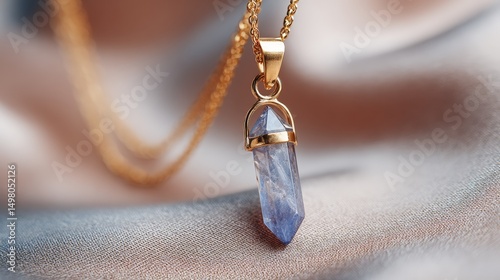 Elegant gold necklace with blue crystal pendant on silky fabric background
