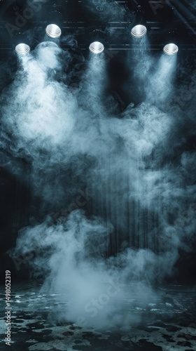Stage lights, smoky backdrop, dark theater, dramatic effect