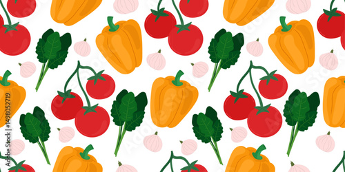 Vegetable seamless pattern with bell pepper, cherry tomato, spinach, and garlic in flat cartoon style. Perfect for healthy food packaging, vegetarian recipe books, kitchen fabric prints, eco-friendly 