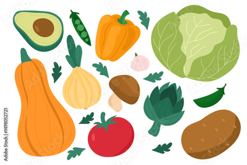 Vegetables vector illustration set including pumpkin, avocado, cabbage, onion, bell pepper, tomato, potato, mushroom, artichoke, zucchini, garlic, and green peas, perfect for farm market graphics.
