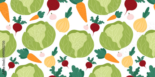 Borscht ingredients seamless vector pattern with cabbage, beetroot, carrot, onion, garlic and parsley in flat cartoon style, perfect for traditional Ukrainian recipe designs.