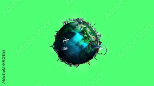 2D animation of a globe rotating in a centre against green screen background. A concept of world's environment and pollution. Buildings around globe, a sea in center, a cruise and a plane flying. 4k