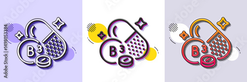 Vitamin B3 line icon. Halftone dotted pattern. Gradient icon with grain shadow. Niacin food nutrient sign. Capsule or pill supplement symbol. Line niacin vitamin icon. Various designs. Vector