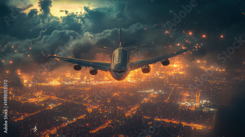 Airplane flying over a city engulfed in flames during twilight hours