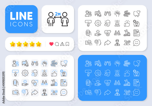 Job interview, Yoga and Info app line icons for web app. Message, Share, Like social media icons. Pack of Loyalty program, Airport transfer, Romantic talk pictogram icons. Vector