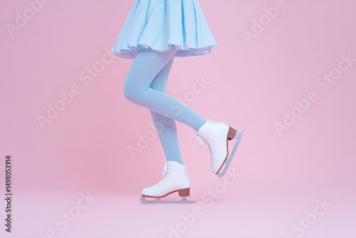 A girl wearing a blue skating dress and light blue tights skates elegantly on an ice rink. The backdrop is a soft pink, contrasting beautifully with her outfit