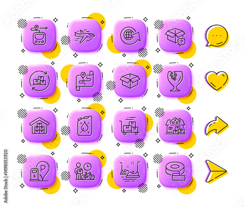 Delivery cart, Charging station and Delivery change line icons. App 3d buttons. Social media comment, share, like icons. Pack of Wholesale goods, Bike courier, Secret package icon. Vector
