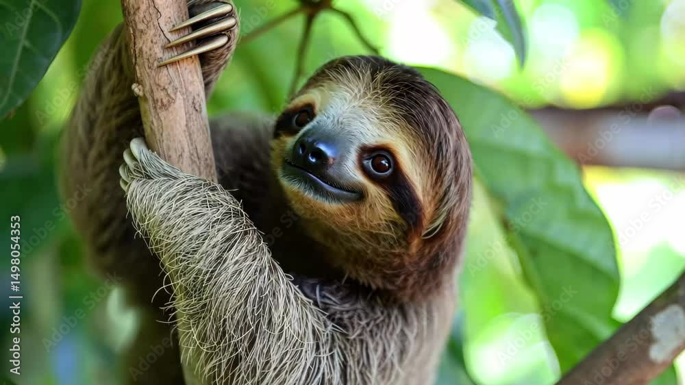 A funny sloth hanging upside down on a tree branch with a cute face and playful expression in a lush green environment during the daytime