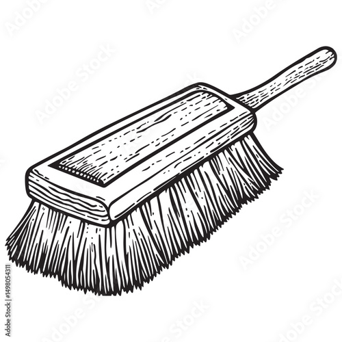 Handdrawn sketch of cleaning brush on white background, Cleaning brush with bristles on the handle