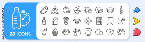 Takeaway coffee, Beer and Scotch bottle line icons. Interest rate, AI generate, Inflation icons. Pack of Coffee beans, Glass, Ice cream icon. Cooking water, Fitness water, Tea cup pictogram. Vector