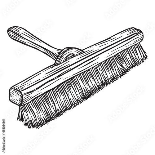Handdrawn sketch of cleaning brush on white background, Cleaning brush with bristles on the handle