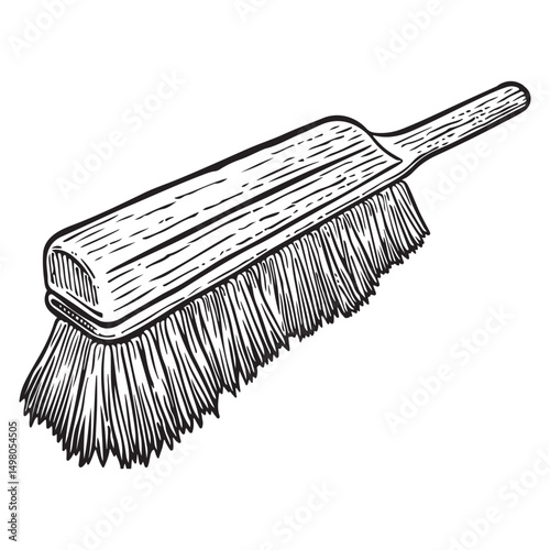 Handdrawn sketch of cleaning brush on white background, Cleaning brush with bristles on the handle