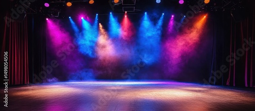 Empty Stage with Colorful Lights and Smoke