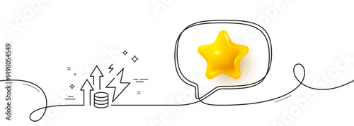 Energy inflation line icon. Continuous line with 3d star. Electric power up trend sign. Consumption growth symbol. 3d star in speech bubble. Energy inflation single line ribbon. Vector