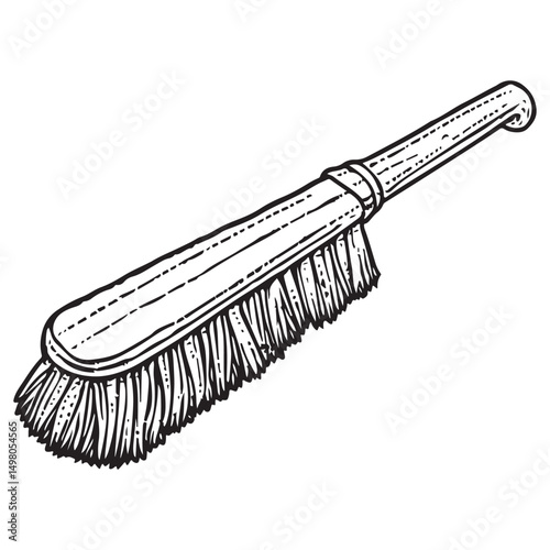 Handdrawn sketch of cleaning brush on white background, Cleaning brush with bristles on the handle