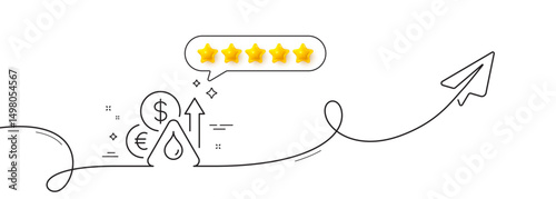 Fuel prices line icon. Continuous line with share plane. Petrol price sign. Diesel rate symbol. Five star rate review in speech bubble. Fuel price single line ribbon. Loop curve pattern. Vector
