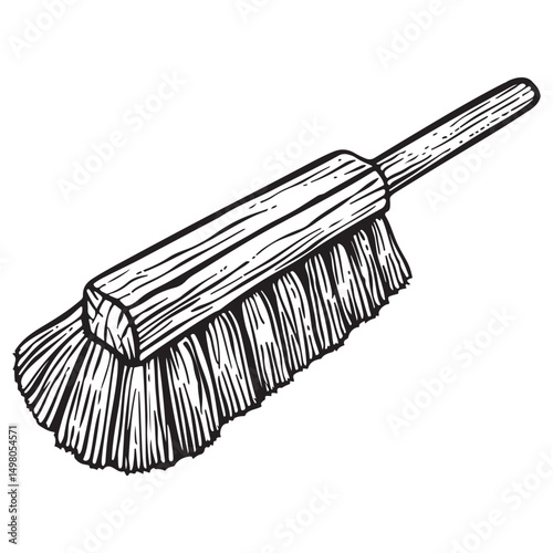 Handdrawn sketch of cleaning brush on white background, Cleaning brush with bristles on the handle