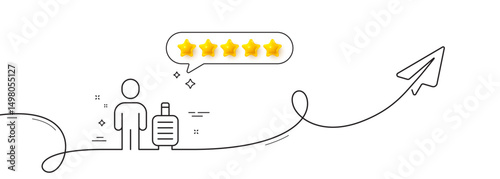 Baggage line icon. Continuous line with share plane. Man with travel luggage sign. Journey bag claim symbol. Five star rate review in speech bubble. Baggage single line ribbon. Vector