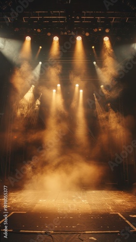 Stage lights illuminating smoky performance venue