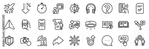 Headphones, Education and Manual doc line icons pack. Share, Message, Paper plane icons. Question mark, Led lamp, Recovery photo web icon. Seo gear, Augmented reality, Checked file pictogram. Vector