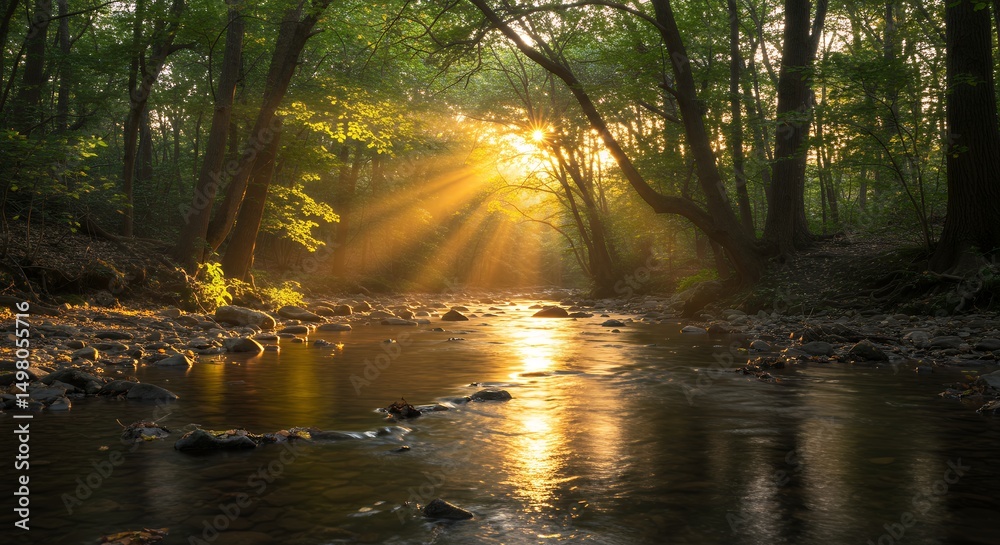 Fototapeta premium River Flowing Through Forest at Sunset