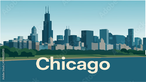 Chicago Skyline with Lake Michigan and Green Parks.eps