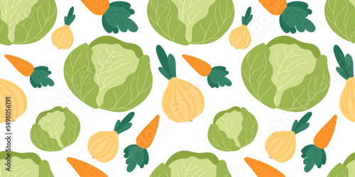 Cabbage seamless vector pattern with onions and carrots in flat cartoon style, perfect for organic food packaging, farm market branding, healthy vegetable backgrounds, recipe illustrations.