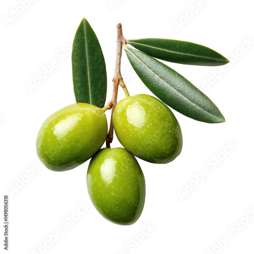 Wallpaper Mural A close-up shot of three unripe green olives on a branch with three leaves, set against a black background.  The olives are plump and glistening, showcasing their smooth skin and vibrant hue Torontodigital.ca