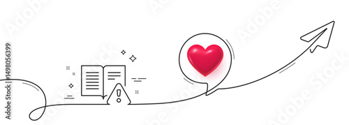 Instruction manual line icon. Continuous line with share plane. Warning book sign. Caution alert symbol. 3d heart in speech bubble. Instruction manual single line ribbon. Loop curve pattern. Vector